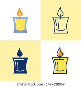 Decorative candle icon set in flat and line style. Bright light source with burning flame. Home interior decor. Vector illustration.