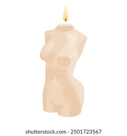 A decorative candle with a lit wick in the shape of a female body. Creating a cozy and romantic atmosphere in the house. Vector illustration isolated on a transparent background.
