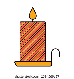 Decorative candle with orange stripes and a flame.