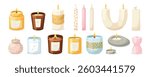Decorative candle set with various shapes and holders. Vector illustration