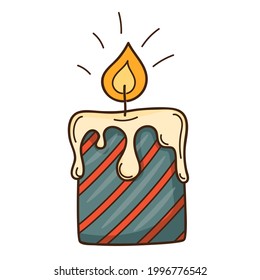 Dekorative Kerze in Streifen. Ein brennendes Feuer. Gemütliches Zuhause. Dekoratives Gestaltungselement mit Umriss. Doodle, handgezeichnet. Flaches Design. Farbvektorgrafik. Einzeln auf weißem Hintergrund.