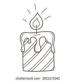 Decorative candle in stripes. A burning fire. Cozy home. Decorative design element with an outline. Doodle, hand-drawn. Black white vector illustration. Isolated on a white background.