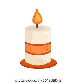 Decorative candle with warm flame. Cozy fall and winter home decor element in flat style. Vector illustration of seasonal burning candle.