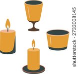 Decorative candles, chalice, and pot. Suitable for ambiance, rituals, and celebrations. Warm and inviting.