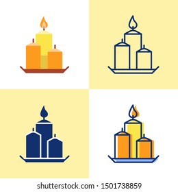 Decorative candles on a plate icon set in flat and line style. Bright light source with burning flame. Home interior decor. Vector illustration.