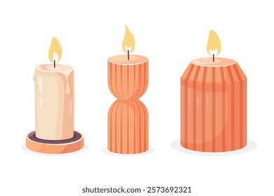 Decorative candles. Set of burning orange pillar candlesticks for home decor, holiday, birthday, Christmas designs. Vector illustration isolated on a white background in flat style.