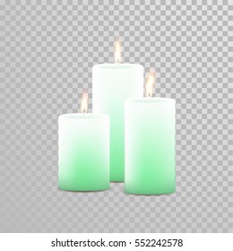 Decorative candles set. Vector 3D realistic isolated round cylindrical festive candle sticks with burning flames on transparent background. Decoration white or beige element design