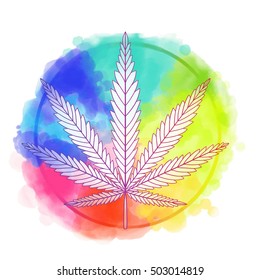 Decorative Cannabis leaf isolated. Marijuana leaf silhouette. Vector illustration. On watercolor background