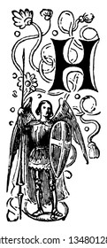 A decorative capital letter H with an angel holding a spear and shield, vintage line drawing or engraving illustration