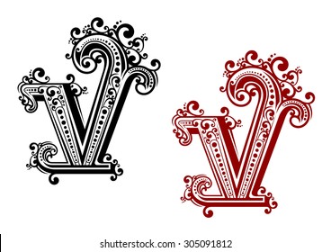 Decorative capital letter V with vintage calligraphic elements and floral ornamental curlicues, in red and black color variations. For monogram or initials design