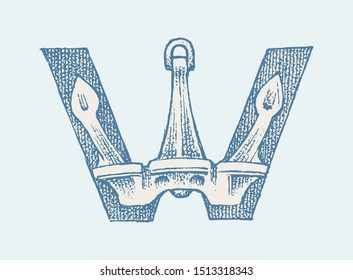 Decorative capital letter W. Marine ancient style. Waves and the sea in letter. Old Vintage typeface. Editable and layered monogram. Hand drawn engraved sketch. Vector illustration
