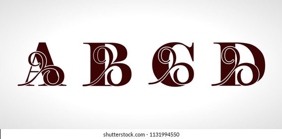 Decorative capital letters A, B, C, D for your monogram, logo, emblem. Beautiful alphabet with floral ornaments
