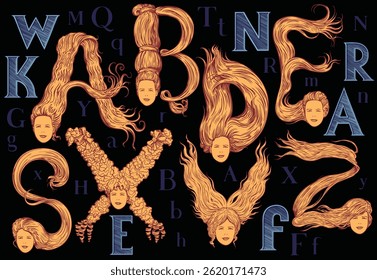 Decorative Capital Letters. Design set. Editable hand drawn illustration. Vector vintage engraving. Isolated on black background. 8 EPS