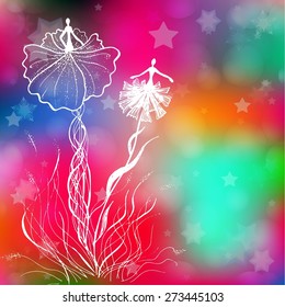 Decorative card. Abstract background with flowers and fairies. Vector illustration.