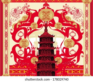 decorative card with abstraction Asian building