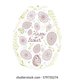 Decorative Card with Big Easter egg which consists of small hand drawn ornamental eggs and floral elements retro colored on white background. Doodle style. Stock vector