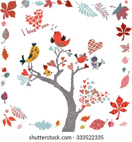 ?ute decorative card with birds on a tree with multicolored hearts and notes in a wreath of roses and leaves