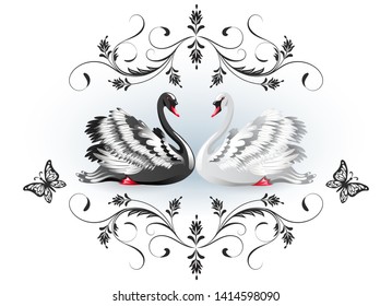 Decorative card with black and white swans and vintage luxurious ornament for invitations or congratulations with wedding or engagement