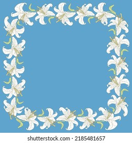 Decorative card with border from drawn white garden lilies