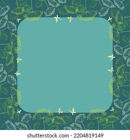 Decorative card with border from silhouettes umbrella plants and flying butterflies