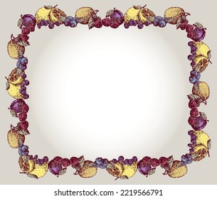 Decorative card with border of various drawn ripe fruits