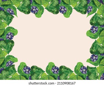 Decorative card with border from watercolor drawings of blooming purple flowers in green leaves