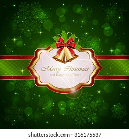 Decorative card with Christmas bells, holly berries and red bow on green background, illustration.