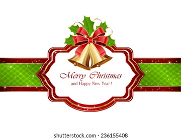 Decorative card with Christmas bells and red bow, illustration.