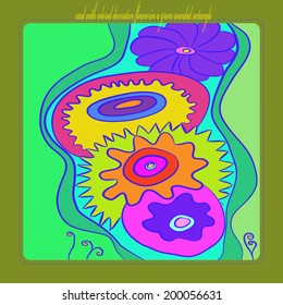 Decorative card  with colored flowers in a  rounded rectangle  and text.