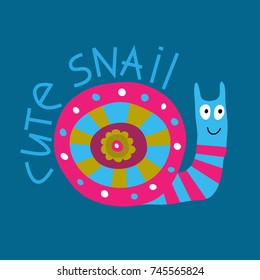 Decorative card with a cute stylized snail on blue background