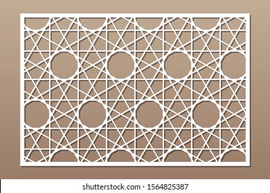Decorative card for cutting. Arab linear geometric mosaic pattern. Laser cut. Ratio 3:2. Vector illustration.