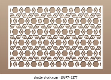 Decorative card for cutting. Arabic geometric mosaic pattern. Laser cut. Ratio 3:2. Vector illustration.