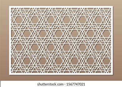 Decorative card for cutting. Arabic geometric mosaic pattern. Laser cut. Ratio 3:2. Vector illustration.