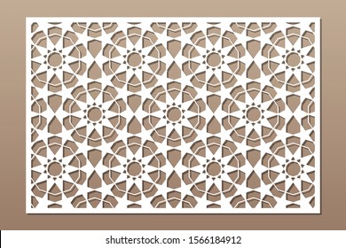 Decorative card for cutting. Arabic pattern geometric mosaic pattern. Laser cut. Ratio 3:2. Vector illustration.