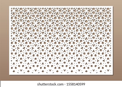 Decorative card for cutting. Geometric arabic mosaic pattern. Laser cut. Ratio 2:3. Vector illustration.