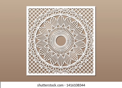 Decorative card for cutting. Geometry line mandala pattern. Laser cut panel. Ratio 1:1. Vector illustration.