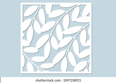 Decorative card for cutting laser or plotter. Leaves flower branch pattern. Laser cut. Ratio 1:1. Vector illustration.