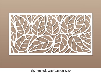 Decorative card for cutting. Leaves foliage
 pattern. Laser cut. Ratio 1:2. Vector illustration.