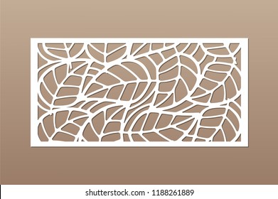Decorative card for cutting. Leaves foliage
 pattern. Laser cut. Ratio 1:2. Vector illustration.