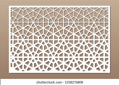 Decorative card for cutting. Linear geometric mosaic pattern. Laser cut. Ratio 2:3. Vector illustration.