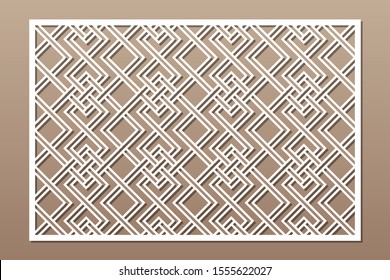 Decorative card for cutting. Linear square geometric celtic weave pattern. Laser cut. Ratio 2:3. Vector illustration.