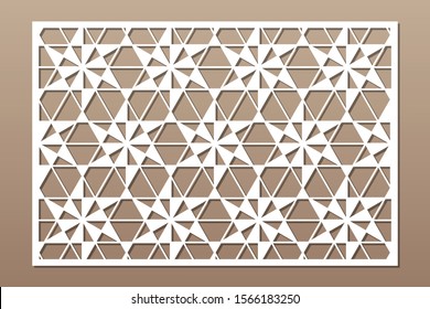 Decorative card for cutting. Linear square geometric mosaic pattern. Laser cut. Ratio 3:2. Vector illustration.