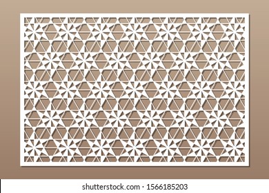 Decorative card for cutting. Linear square geometric mosaic pattern. Laser cut. Ratio 3:2. Vector illustration.