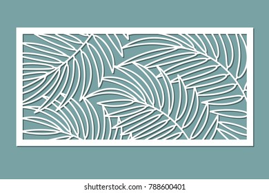 Decorative card for cutting. Palm leaf pattern. Laser cut. Ratio 1:2. Vector illustration.