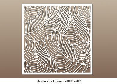 Decorative card for cutting. Palm leaf pattern. Laser cut. Ratio 1:1. Vector illustration.