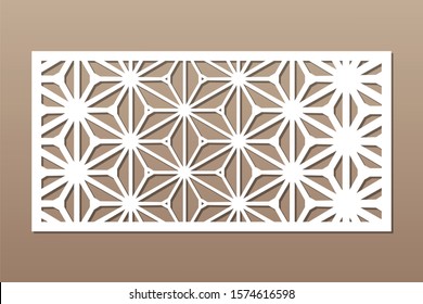 Decorative card for cutting. Recurring geometric mosaic pattern. Laser cut. Ratio 1:2. Vector illustration.