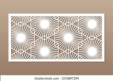 Decorative card for cutting. Recurring linear geometric mosaic pattern. Laser cut. Ratio 1:2. Vector illustration.