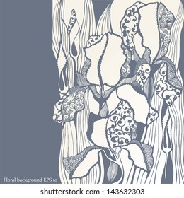 Decorative card design  with ornamental iris flower on grey background. vector illustration.