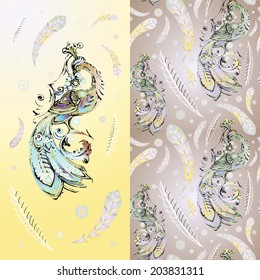 Decorative card with fire bird in crown, abstract feathers, grapes and seamless texture with fire birds on violet background 