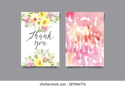 Decorative card. Flowers painted in watercolor. Hand lettering. Abstract